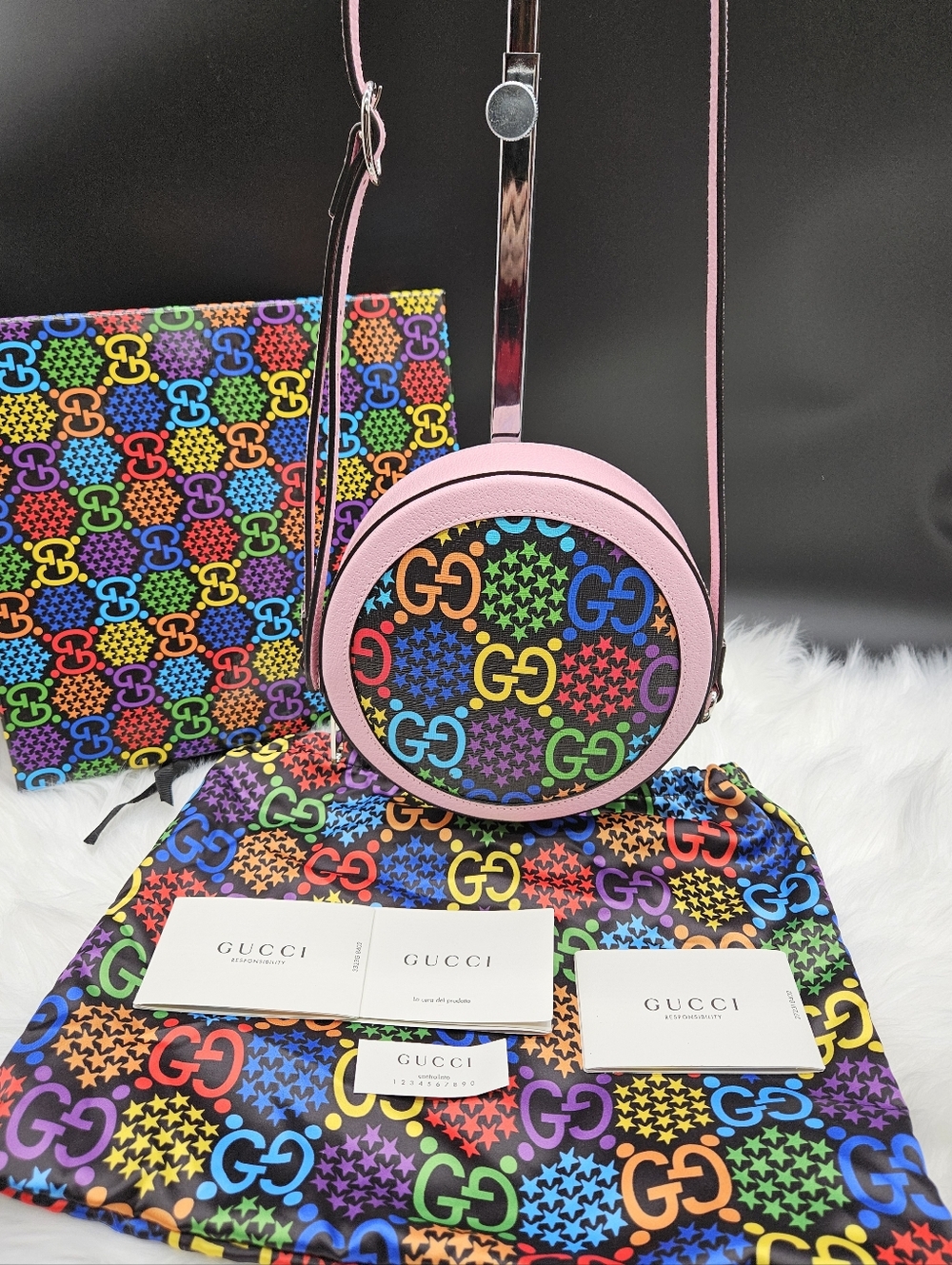 Gucci Pink Round Crossbody Bag with Multicolor GG Pattern